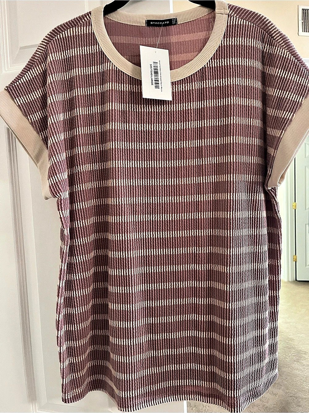 Staccato Color Trim Striped Top Mauve & Beige Large